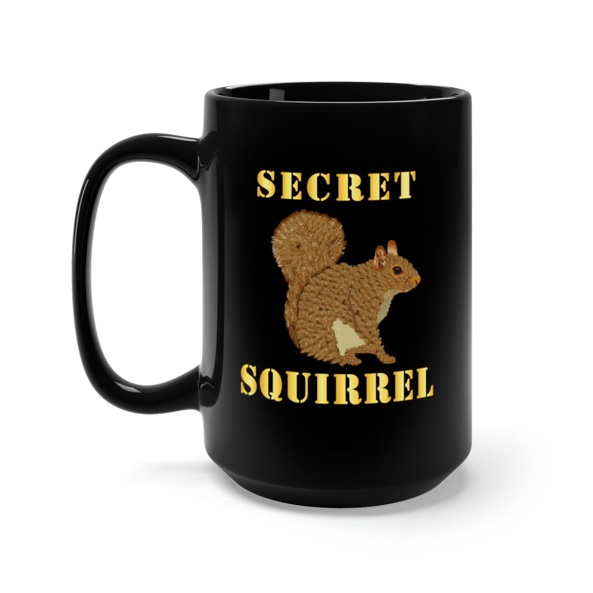 Black Coffee Mug 15oz - Emblem - Secret Squirrel with text
