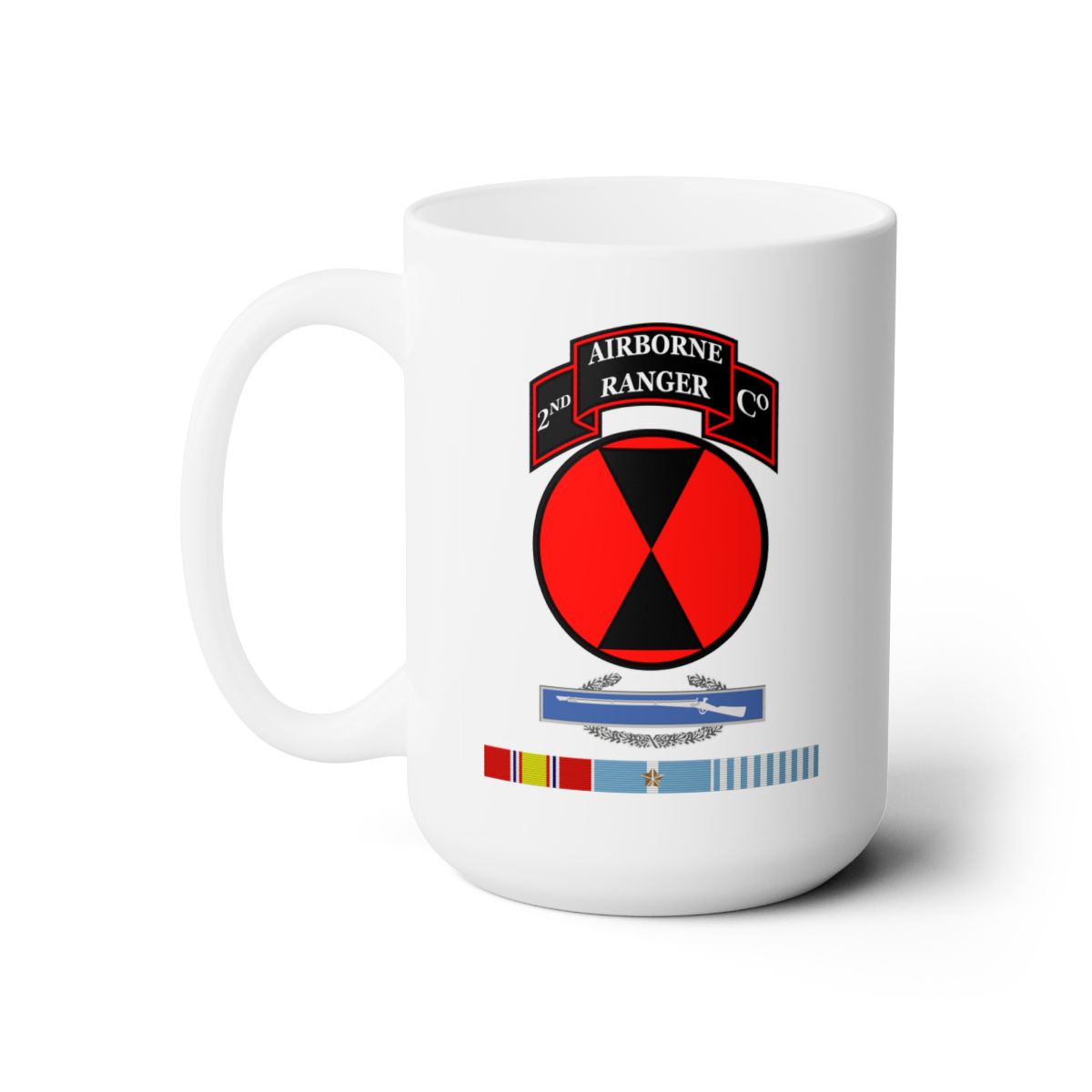 White Ceramic Mug 15oz - 2nd Ranger Infantry Co - 7th ID SSI w CIB KOREA SVC X 300