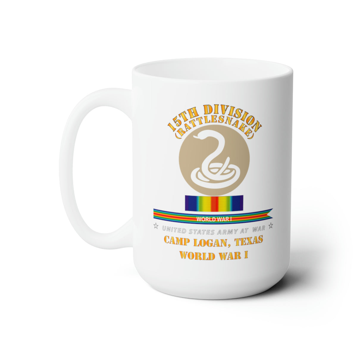 White Ceramic Mug 15oz - Army - 15th Division - Rattlesnake - Camp Logan Tx - WWI