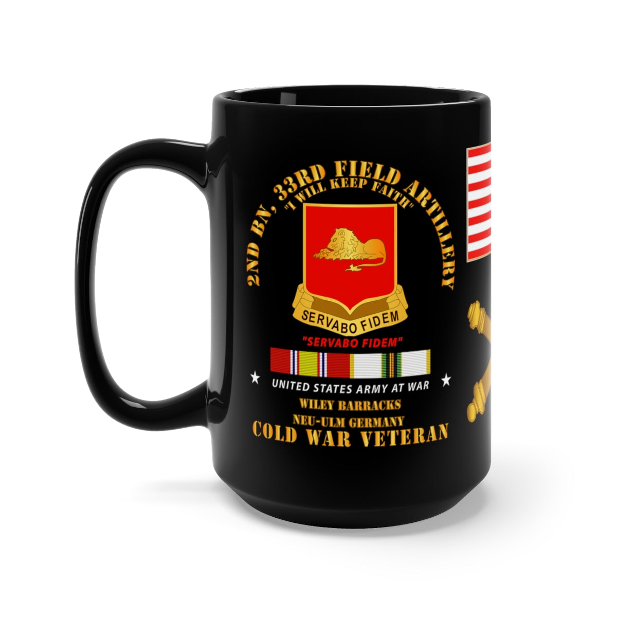 Black Mug 15oz - 2nd Battalion 33rd Field Artillery - New Ulm Germany with Cold War Service Ribbons