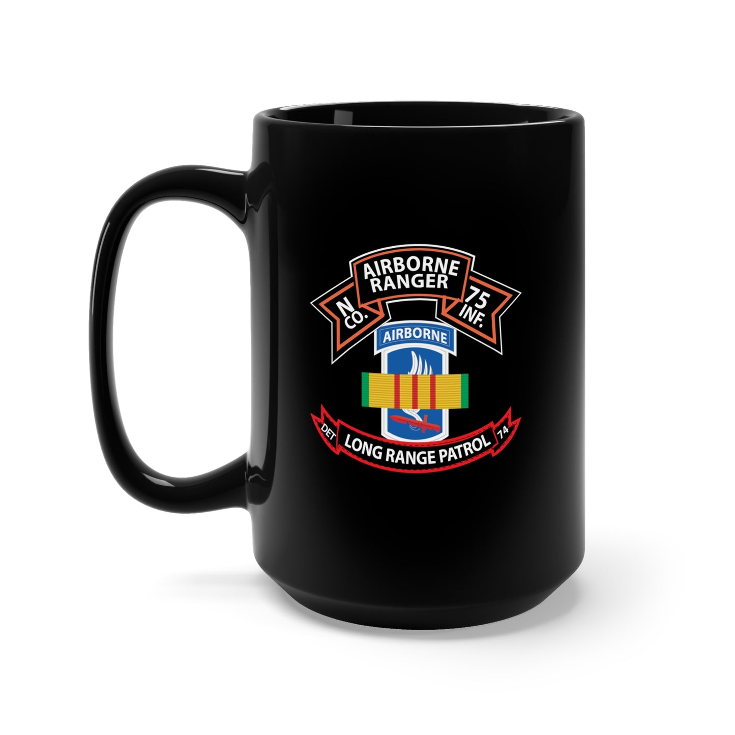 Black Mug 15oz - SSI - Vietnam - N Co 75th Ranger - 173rd Airborne Brigade - VN Ribbon - LRSD X 300