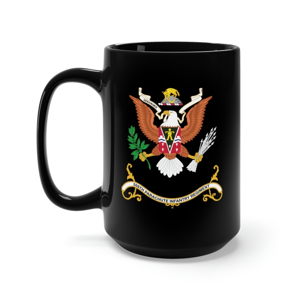 Black Mug 15oz - Army - Regimental Colors - 509th Parachute Infantry Regiment - GERONIMO X 300