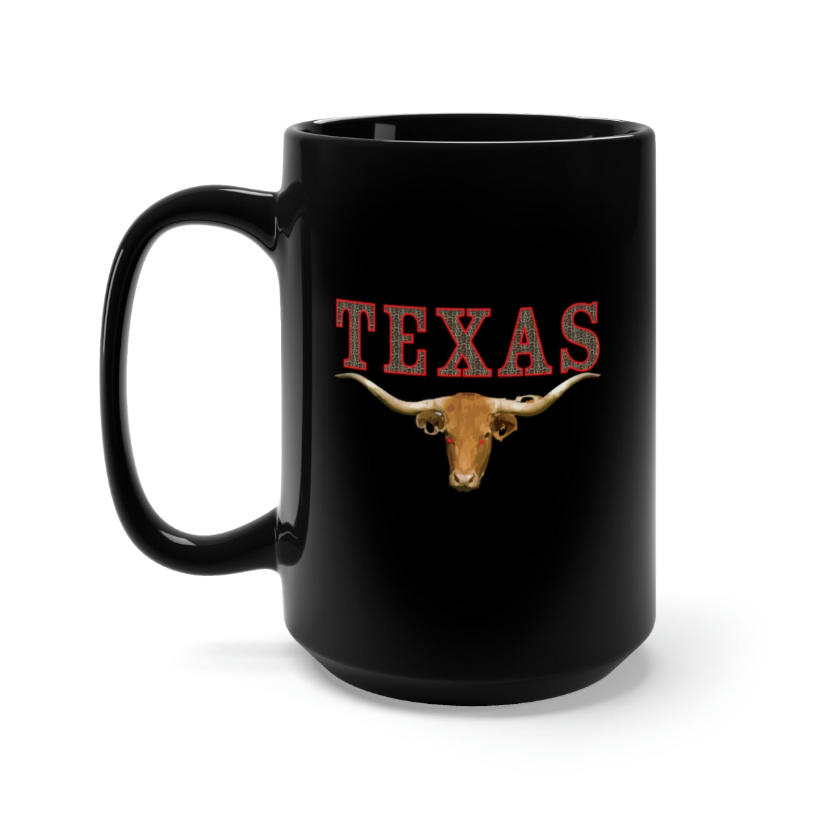 Black Mug 15oz - Texas - Rattler Skin -Texas Longhorn - OutlIne Red X 300