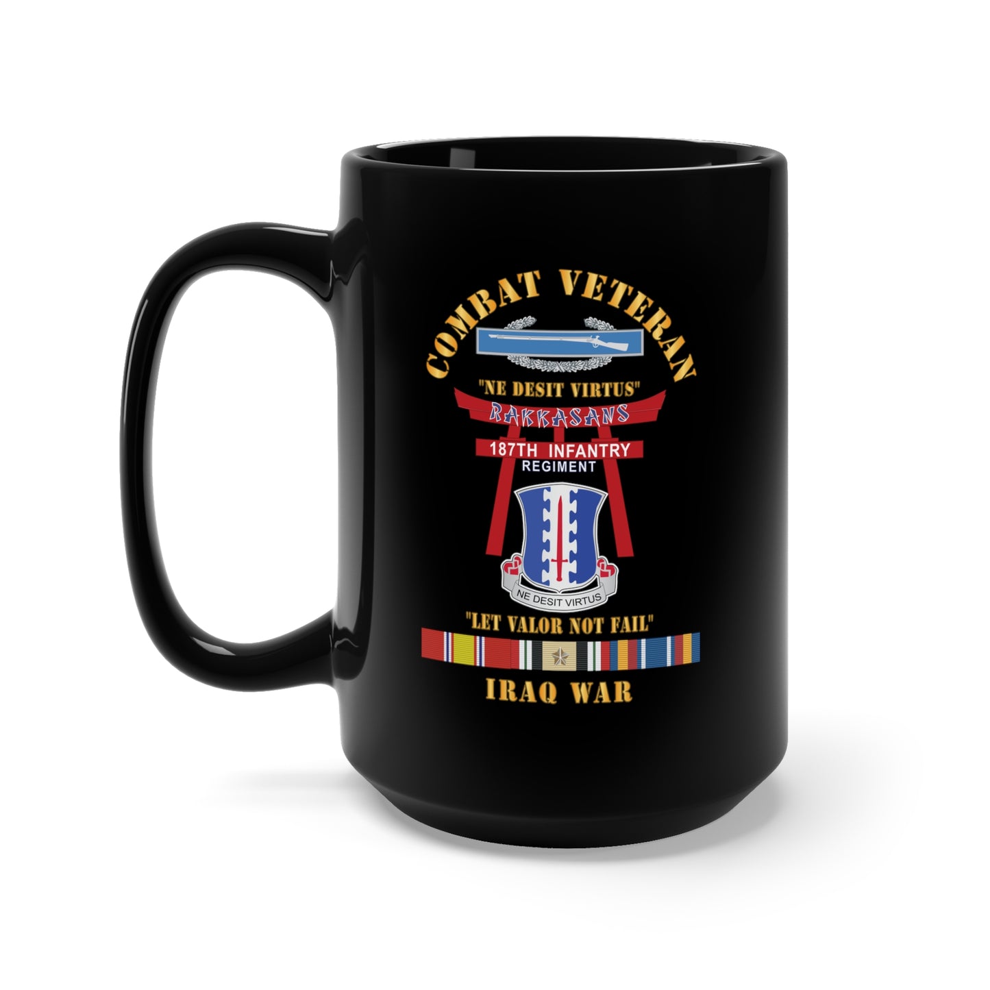Black Mug 15oz - Army - Combat Veteran - 187th Infantry Regiment - Torii, Rakkasans, Let Valor Not Fail, English, Latin w CIB w KOREA SVC X 300