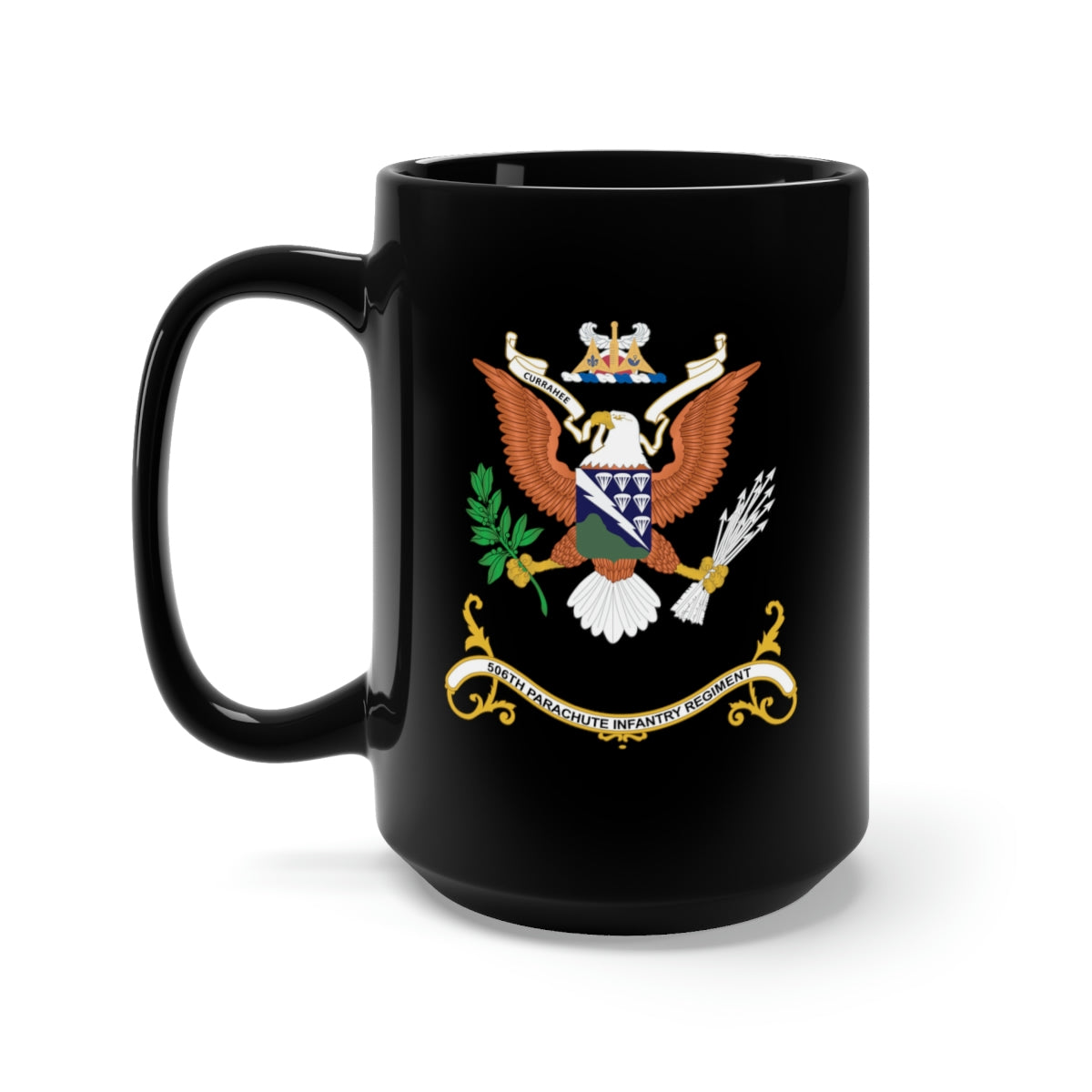 Black Mug 15oz - Army - Regimental Colors - 506th Parachute Infantry Regiment - CURRAHEE X 300