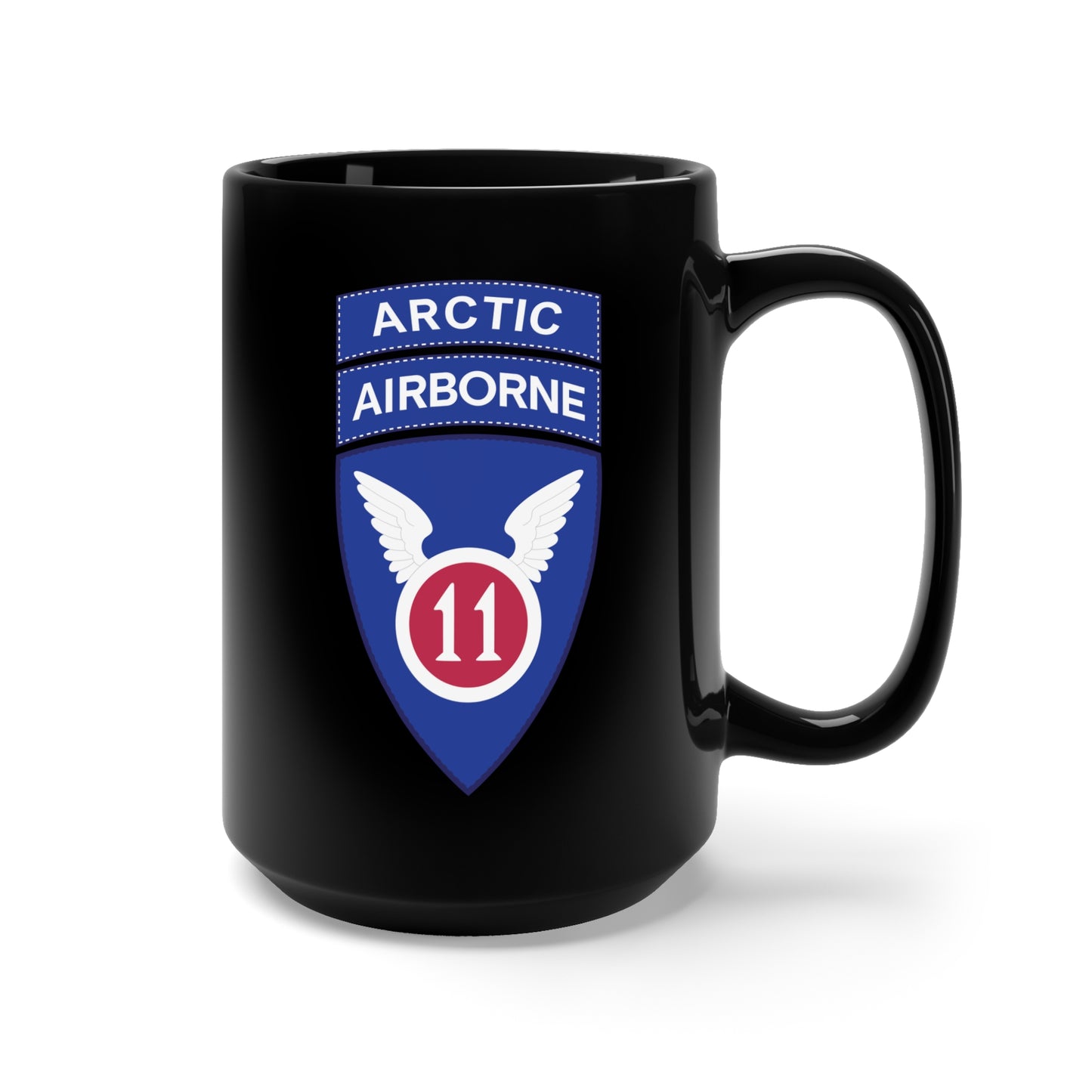 Black Mug 15oz - 11th Airborne Division - SSI w Arctic Tab wo Txt X 300