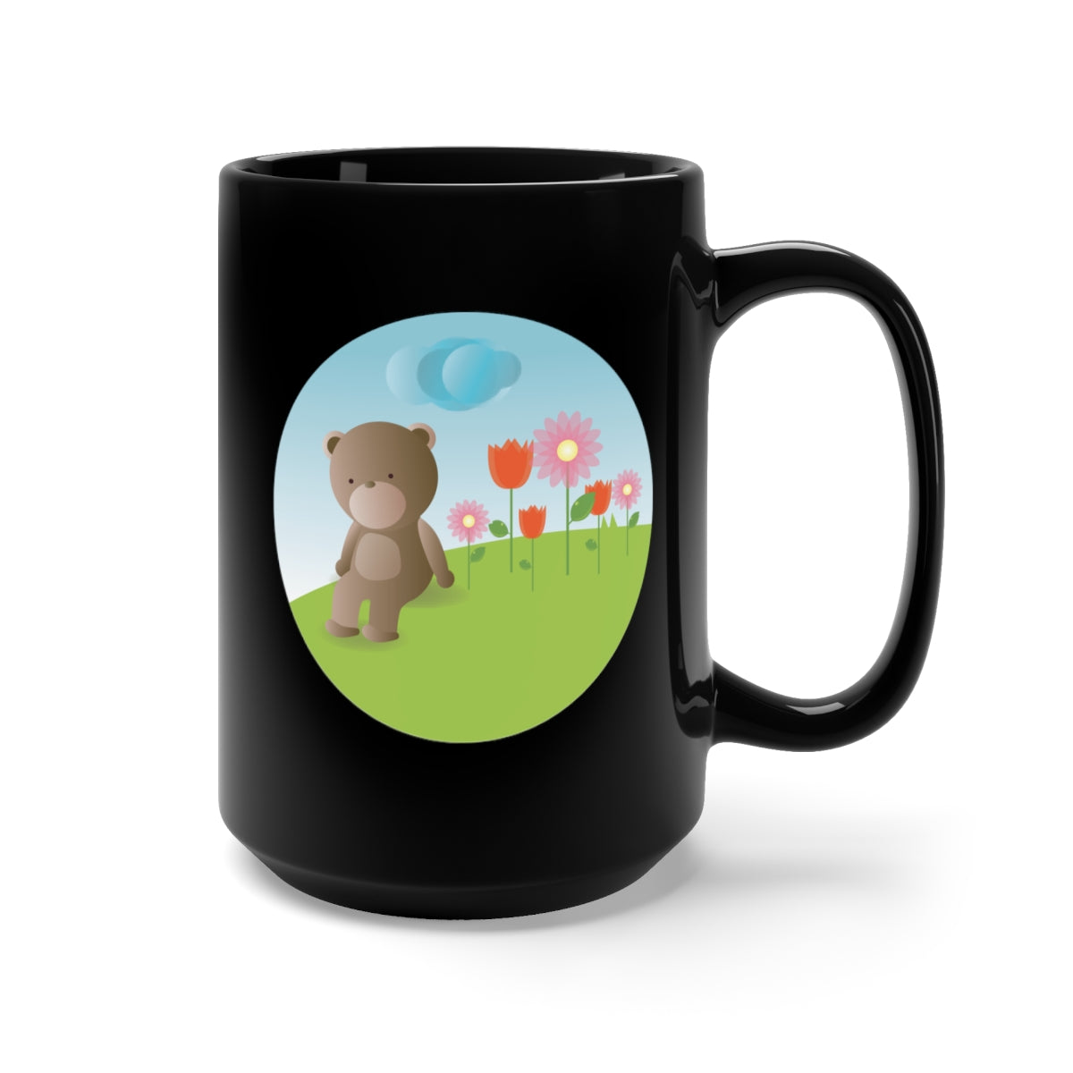 Black Mug 15oz - Baby Bear Field w Balloons wo Wood Frame