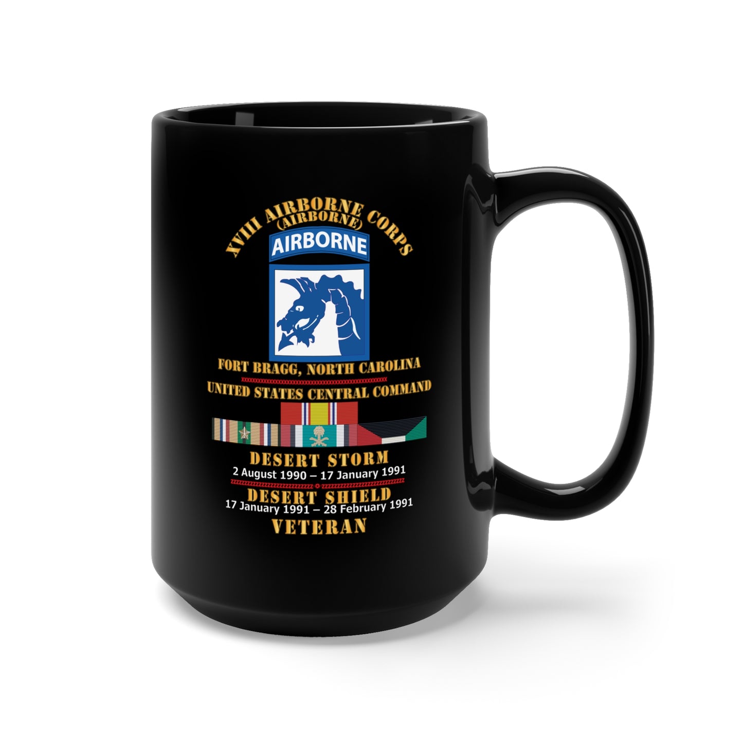 Black Mug 15oz - Combat Veteran - XVIII Airborne Corps (Airborne) - Gulf War - Desert Storm Desert Shield