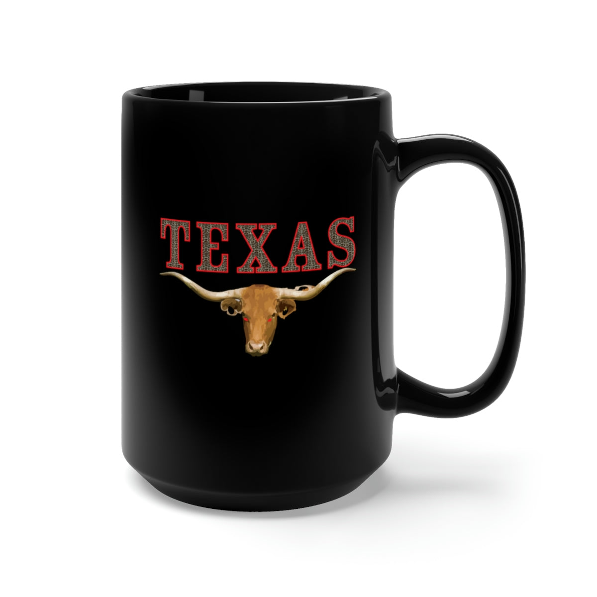 Black Mug 15oz - Texas - Rattler Skin -Texas Longhorn - OutlIne Red X 300