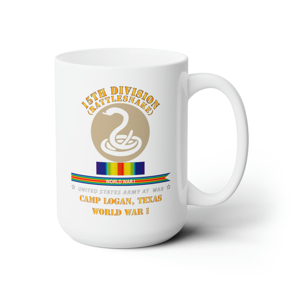 White Ceramic Mug 15oz - Army - 15th Division - Rattlesnake - Camp Logan Tx - WWI