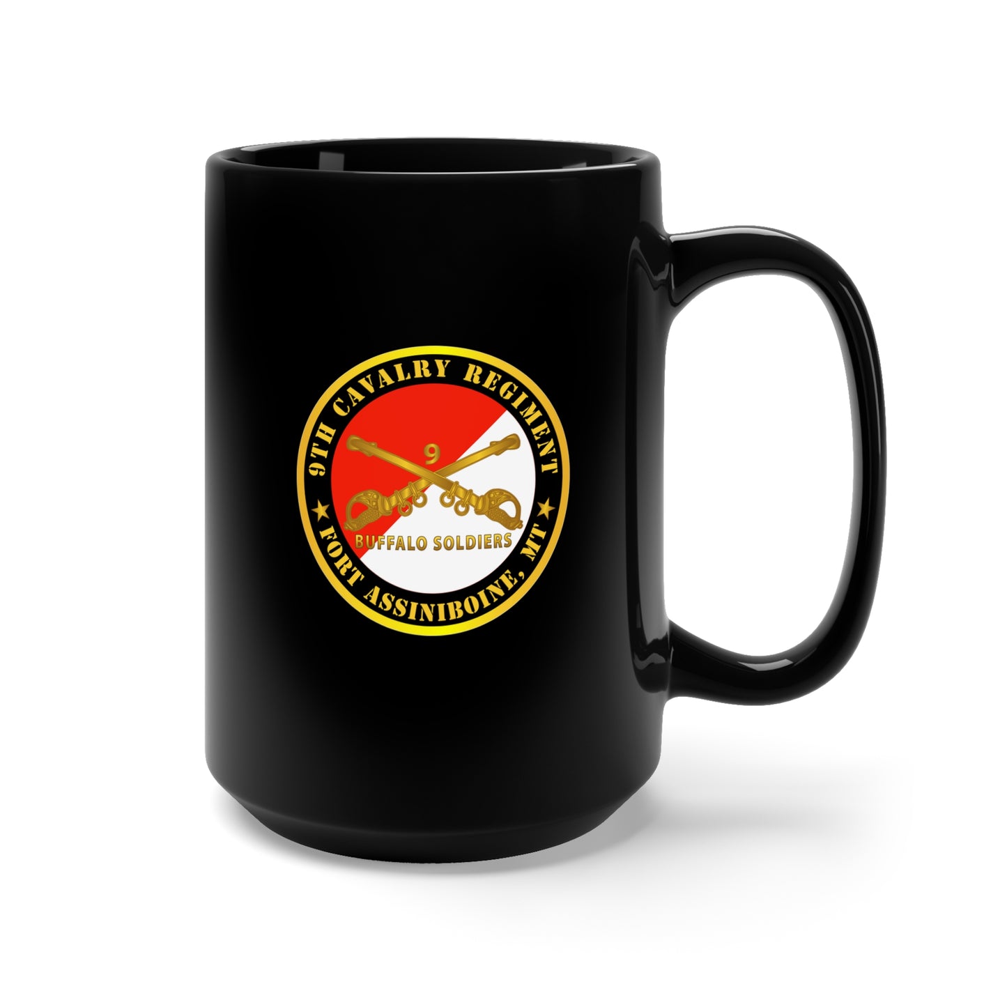 Black Mug 15oz - Army - 9th Cavalry Regiment - Fort Assiniboine, MT - Buffalo Soldiers w Cav Branch