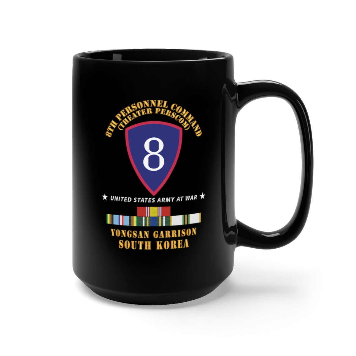 Black Mug 15oz - SSI - 8th Personnel Command - Theater Perscom - Youngsan w Ndsm Cold, EXP Korea SVC X 300