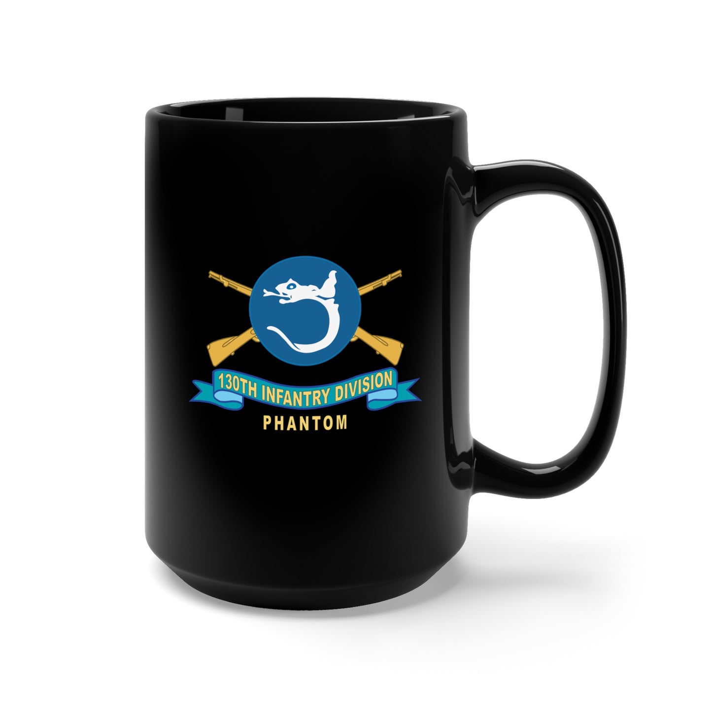 Black Mug 15oz - Army - 130th Infantry Division - Phantom w Br - SSI - Ribbon X 300