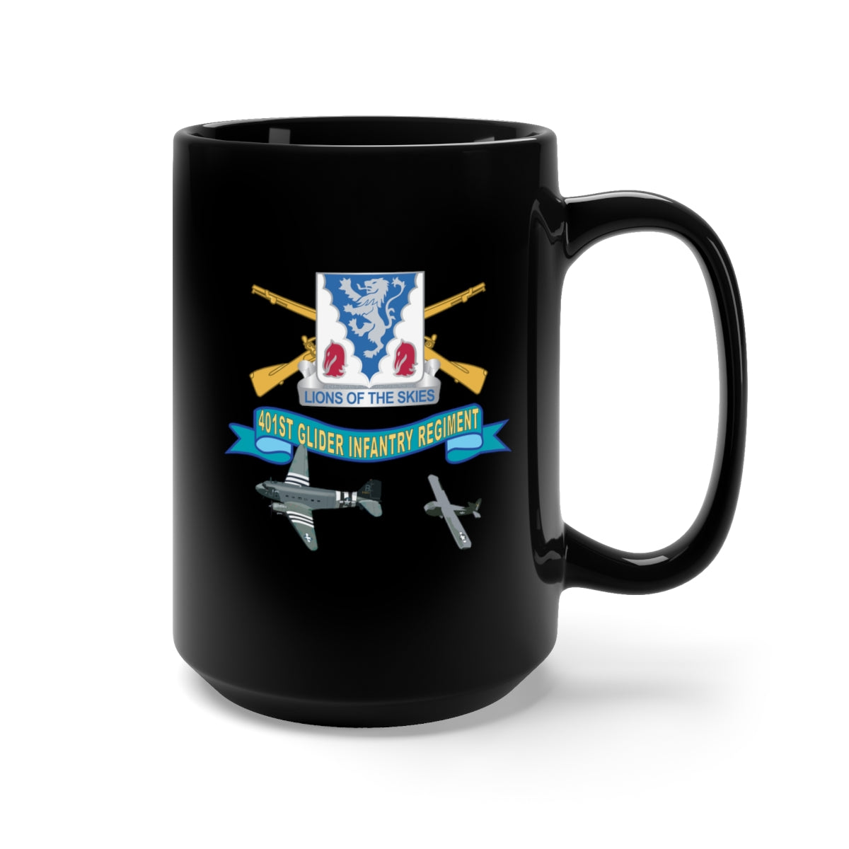 Black Mug 15oz - Army - 401st Glider Infantry Regiment - DUI w Towed Glider w Br - Ribbon X 300