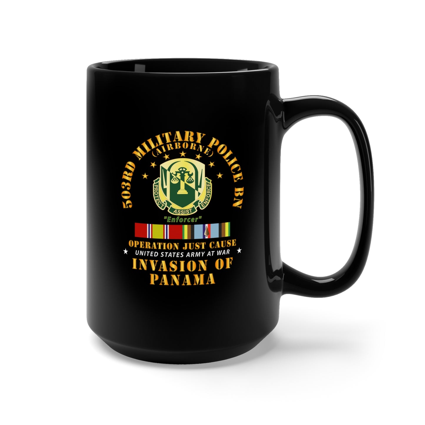 Black Mug 15oz - Just Cause - 503rd Military Police Bn - Ft Bragg NC w Svc Ribbons