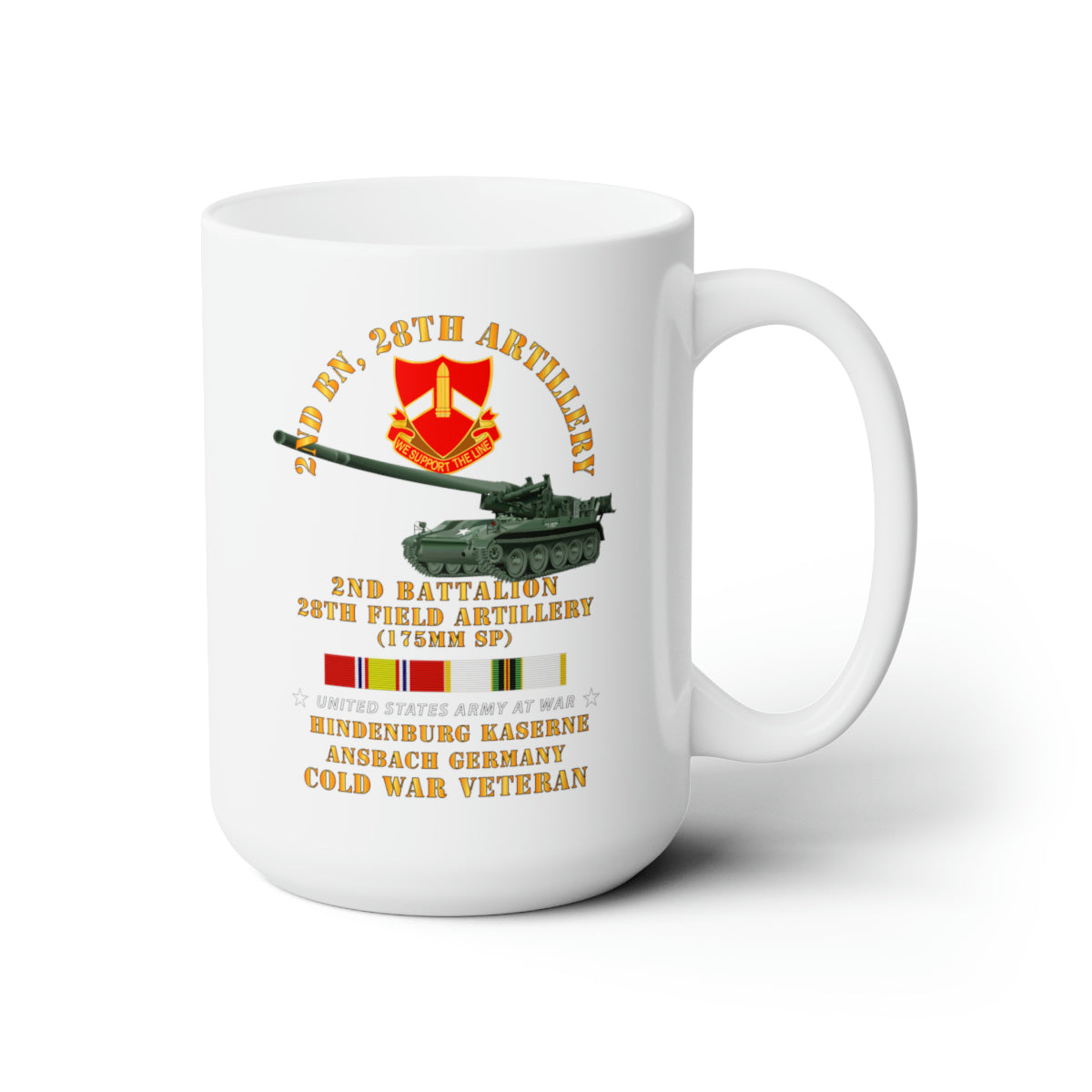 White Ceramic Mug 15oz - Army - 2nd Bn 28th Artillery - 175mm - Hindenburg Ansbach Germany w COLD SVC