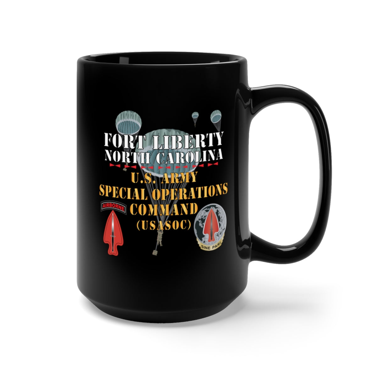 Black Mug 15oz - Fort Liberty North Carolina - US Army Special Operations Command (Usasoc) - SSI - DUI w 3 Parachutes X 300