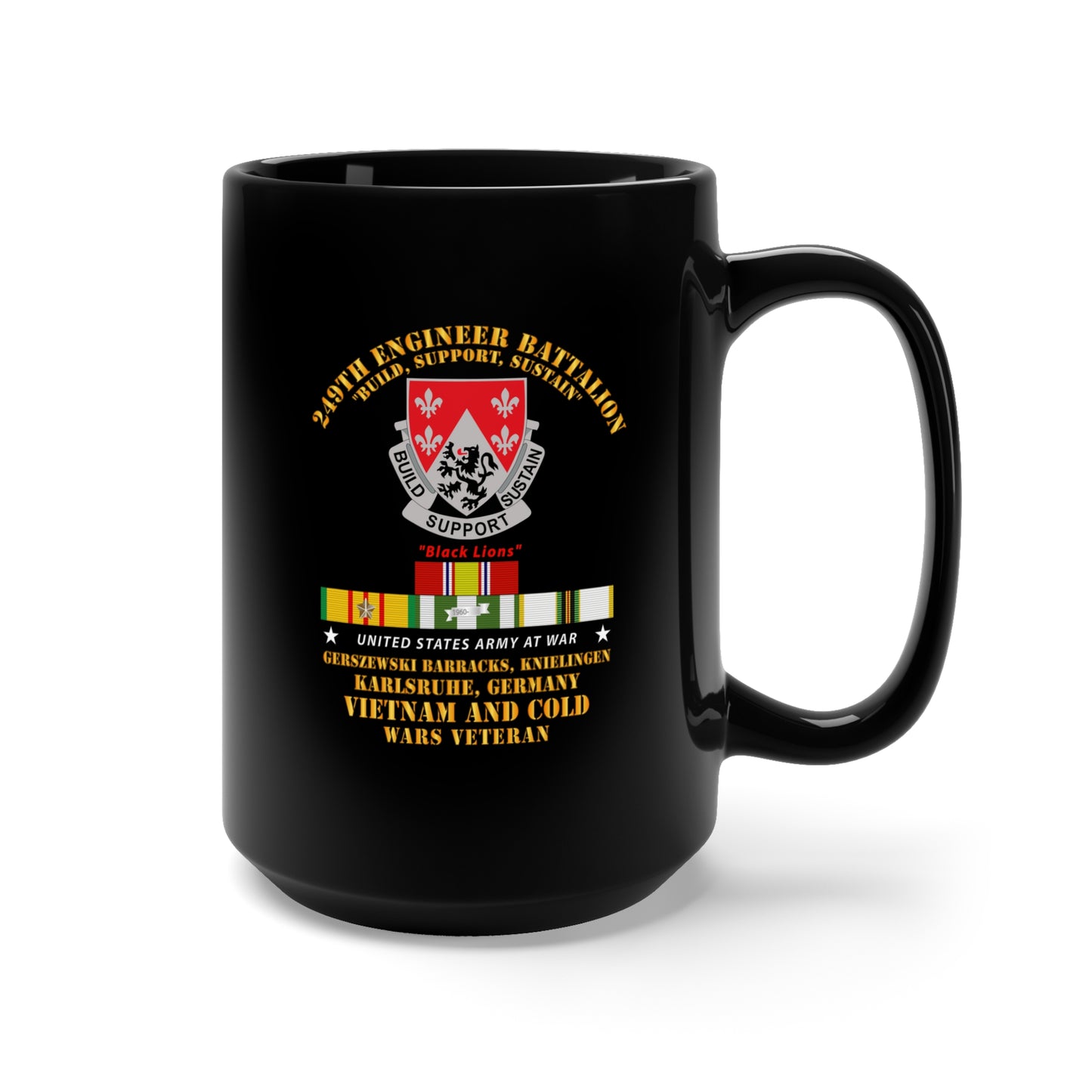 Black Mug 15oz - Army - 249th Engineer Bn - Karlsruhe, Germany w VN and COLD SVC