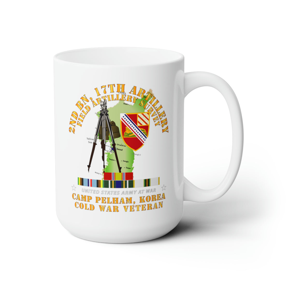 White Ceramic Mug 15oz - Army - 2Bn, 17th FA - FA Survey w KOREA DEF AFEM COLD SVC