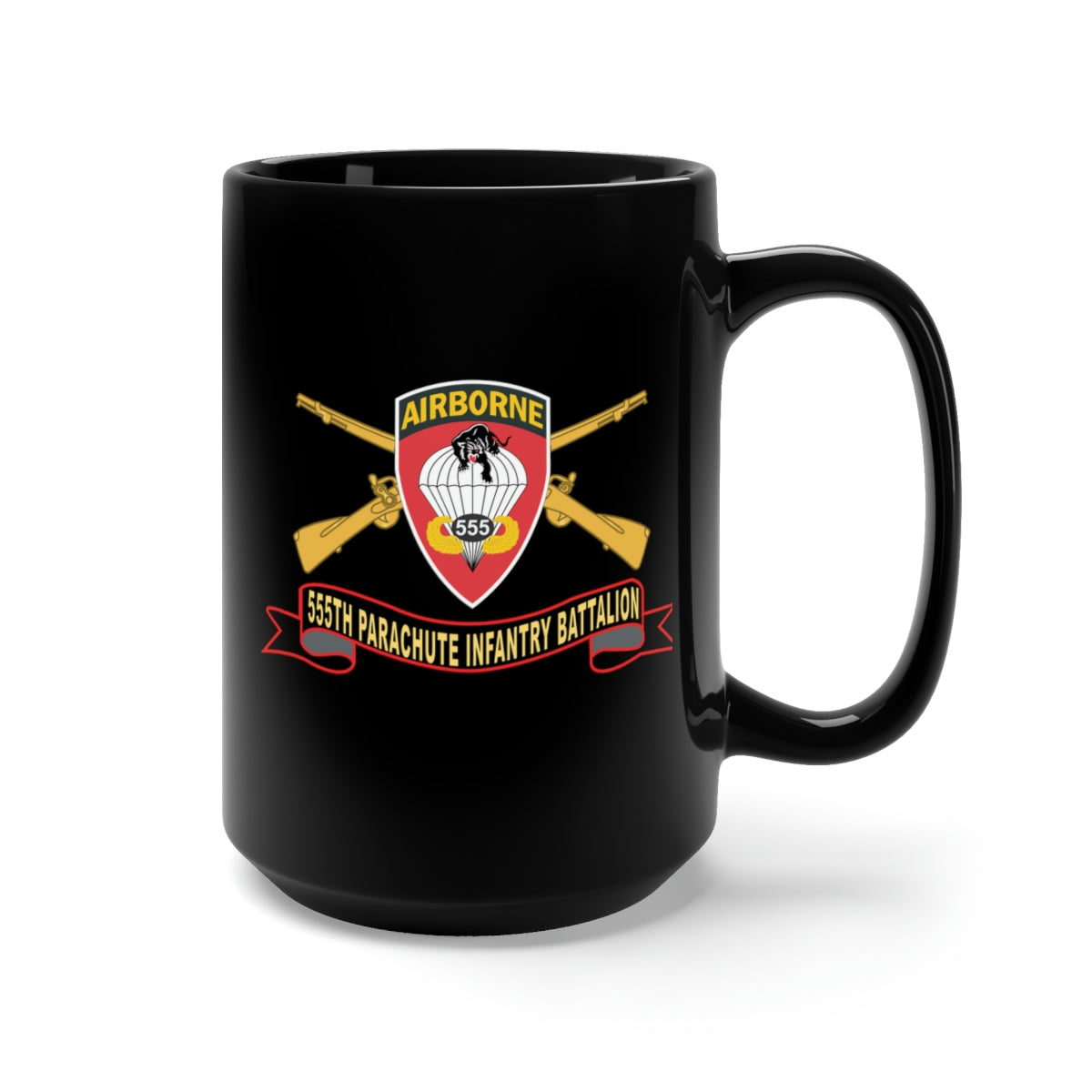 Black Mug 15oz - Army - 555th Parachute Infantry Battalion - SSI - Black - Red w Br - Ribbon X 300
