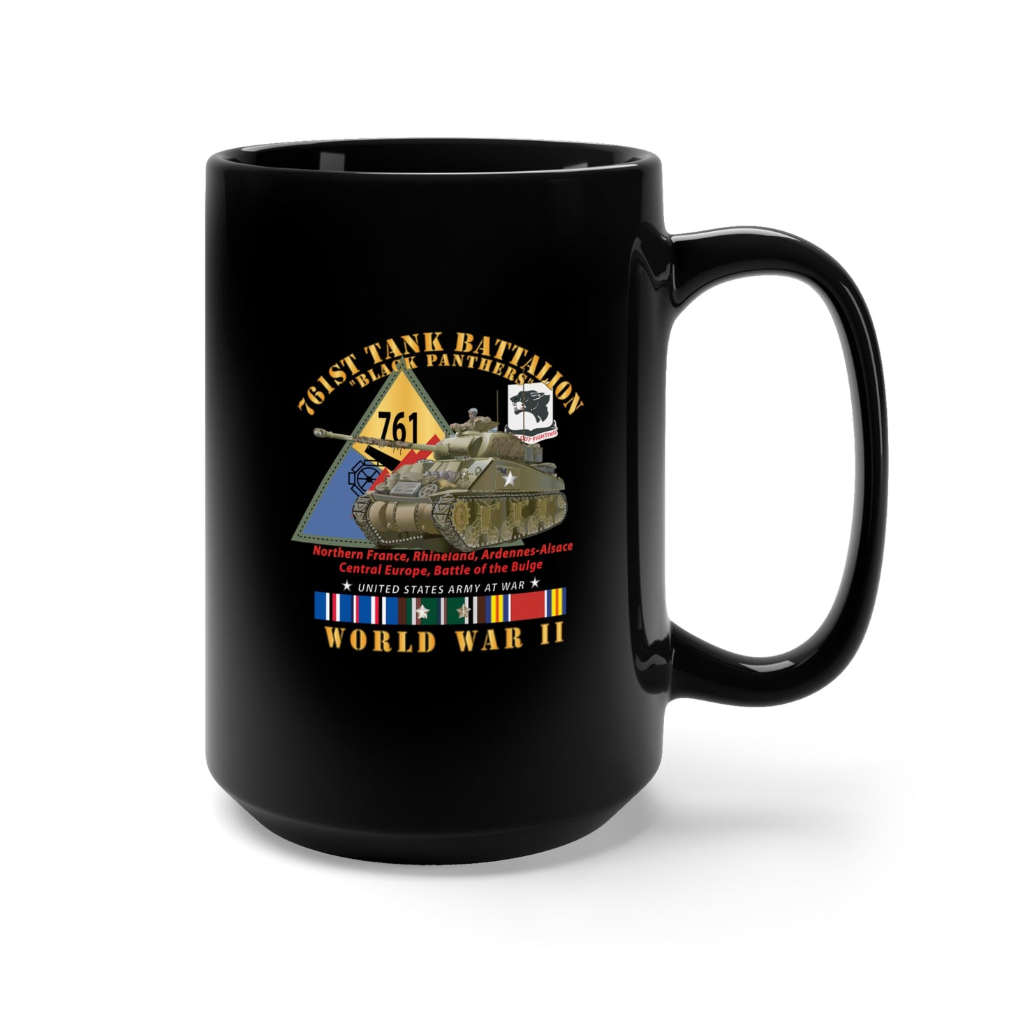 Black Mug 15oz - Army - 761st Tank Battalion - Black Panthers - w Tank w SSI WWII EU SVC