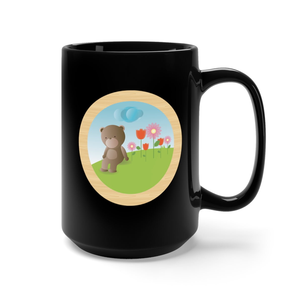 Black Mug 15oz - Baby Bear Field w Balloons