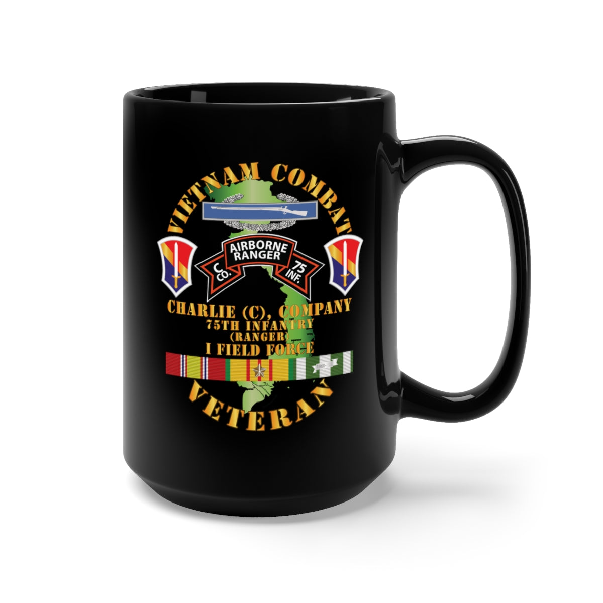 Black Mug 15oz - Vietnam Combat Vet - C Co 75th Infantry (Ranger) - I Field Force SSI