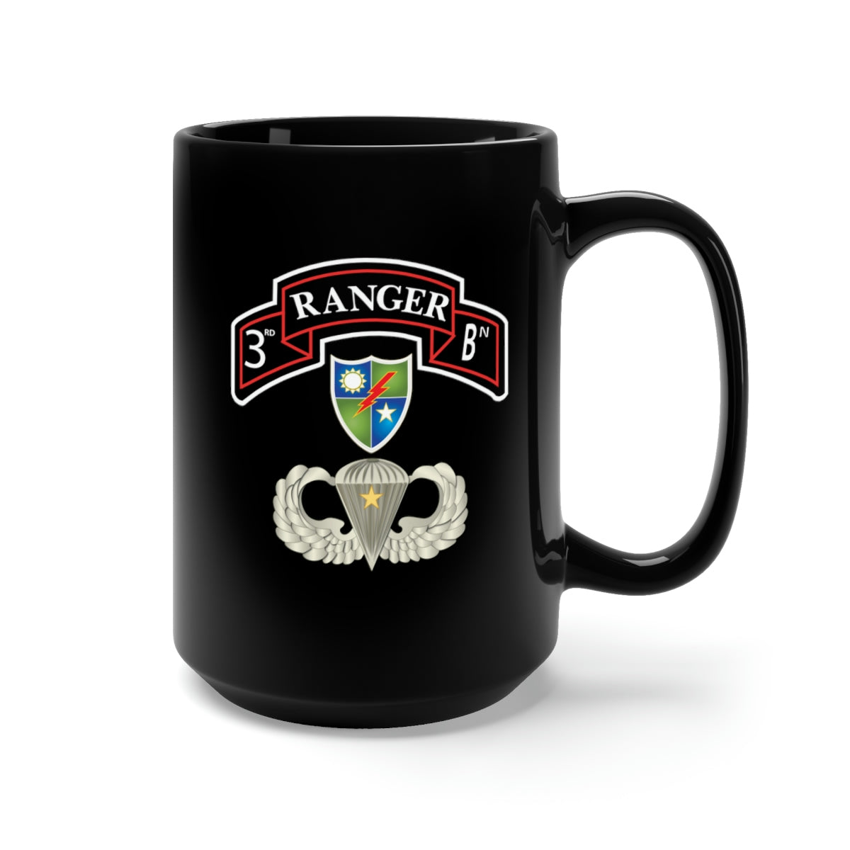 Black Mug 15oz - Army - 3rd Rgr Bn with DUI - Basic Airborne w Combat Jump Star X 300