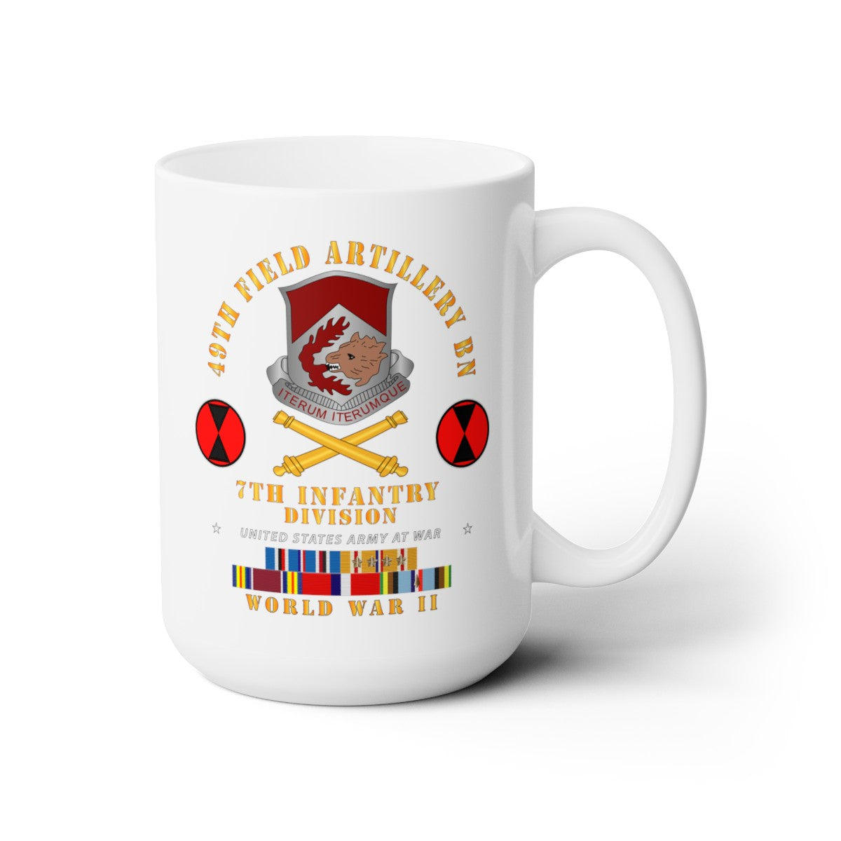 White Ceramic Mug 15oz - Army - 49th Field Artillery Bn- 7th Inf Div - WWII w ARR EXP PAC PHIL SVC