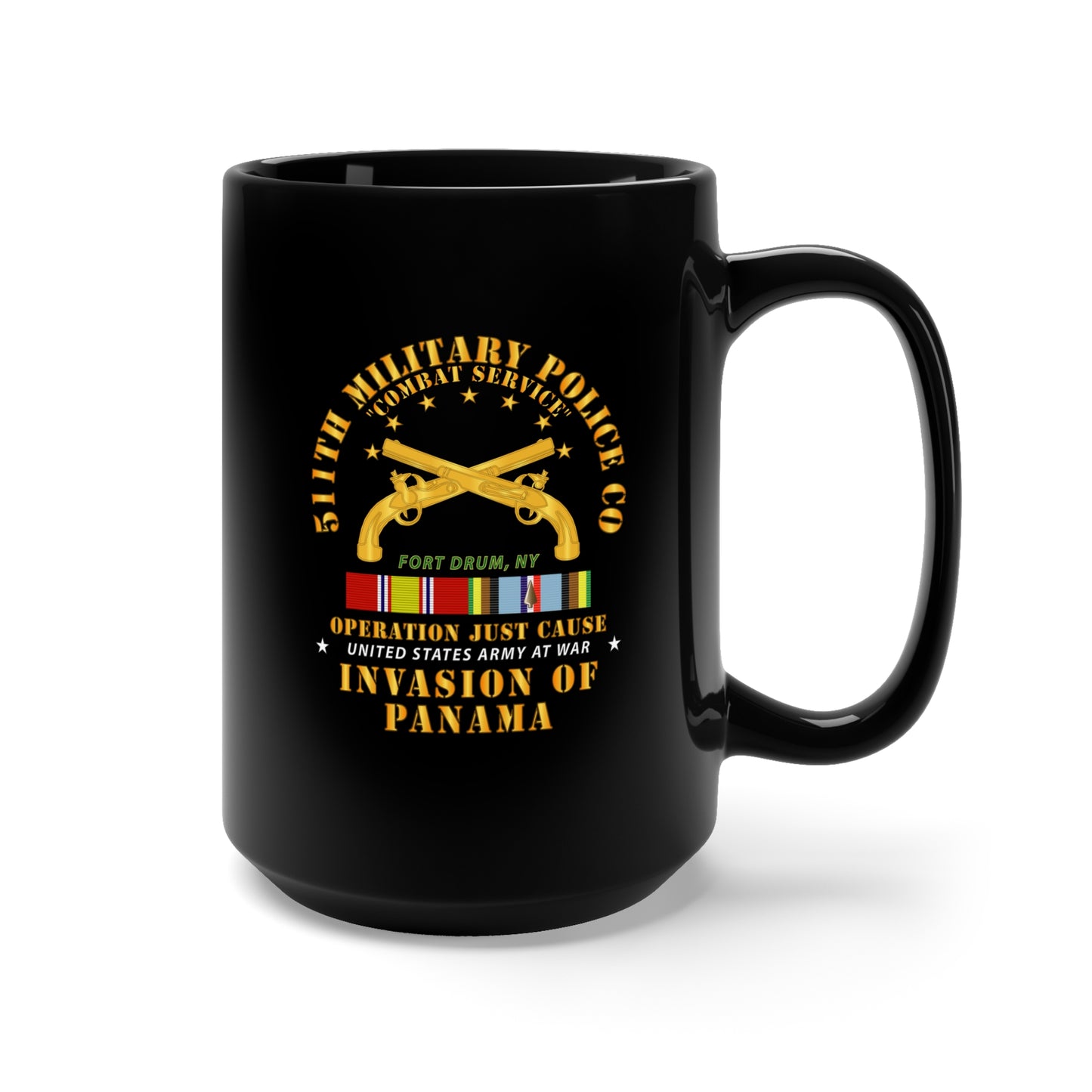 Black Mug 15oz - Just Cause - 511th Military Police Co - Ft Drum, NY w Svc Ribbons