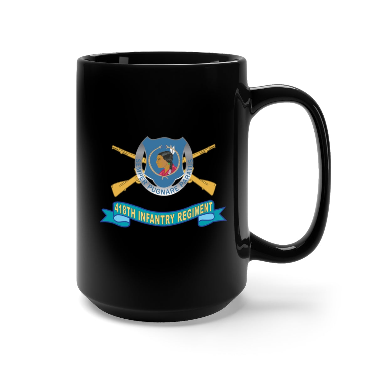 Black Mug 15oz - Army - 418th Infantry Regiment - DUI w Br - Ribbon X 300