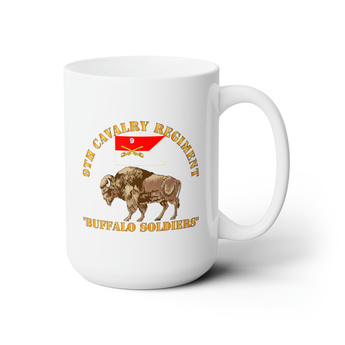 White Ceramic Mug 15oz - Army - 9th Cavalry Regiment - Buffalo Soldiers w 9th Cav Guidon