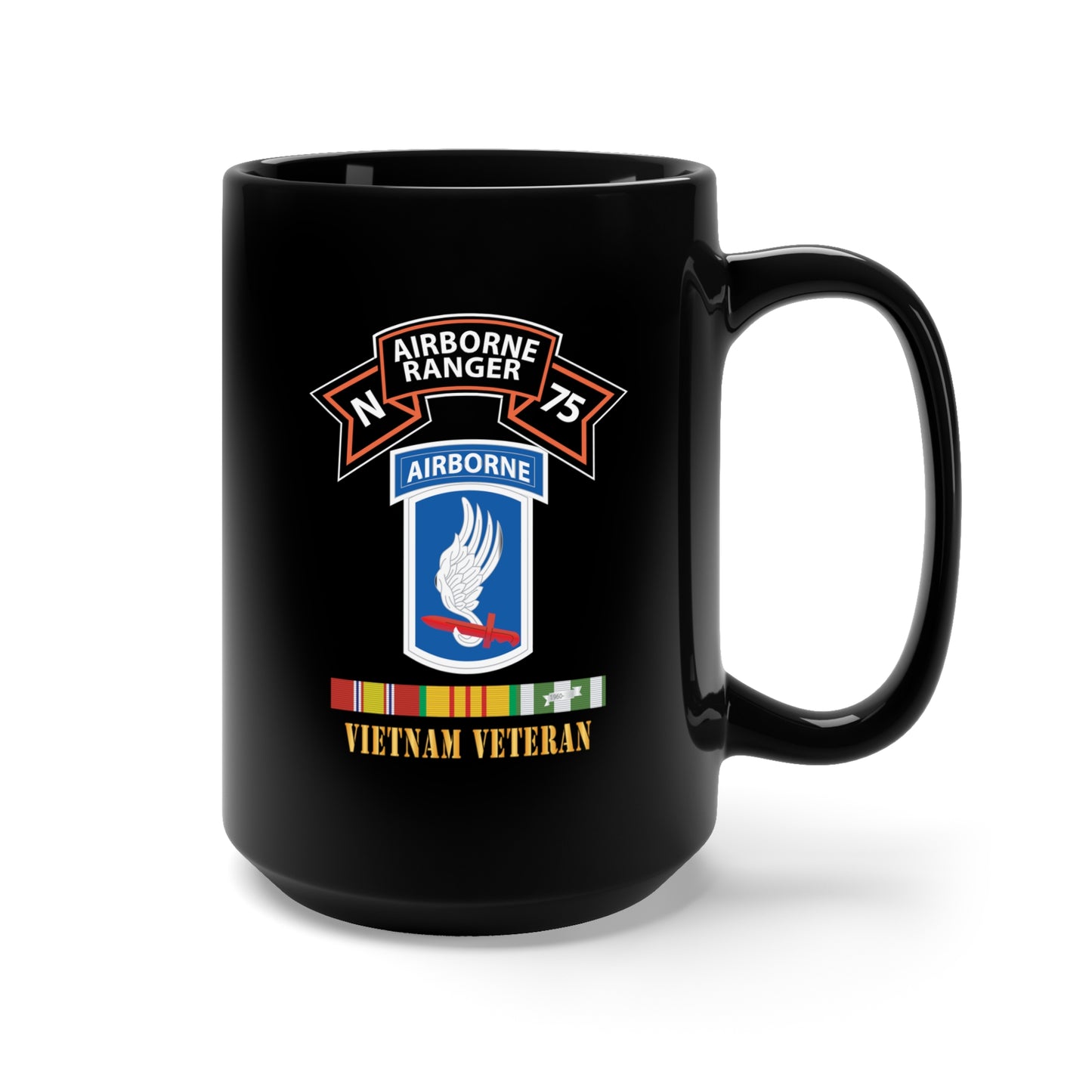 Black Mug 15oz - SOF - N Company Scroll - 173rd Airborne Bde - Vietnam Veteran w VN SVC X 300