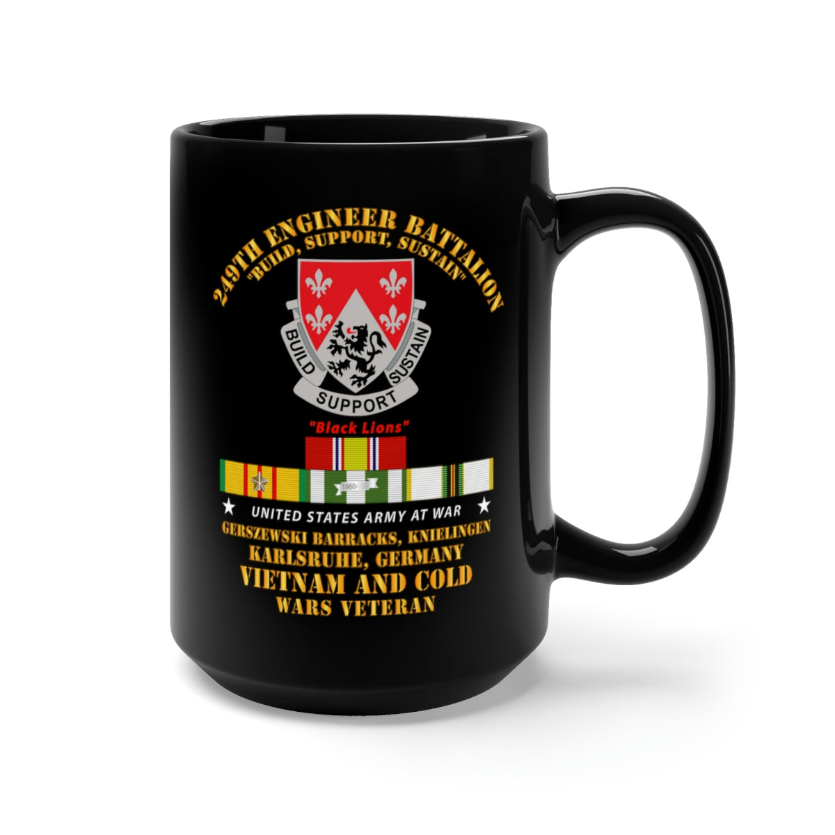Black Mug 15oz - Army - 249th Engineer Bn - Karlsruhe, Germany w VN - COLD SVC