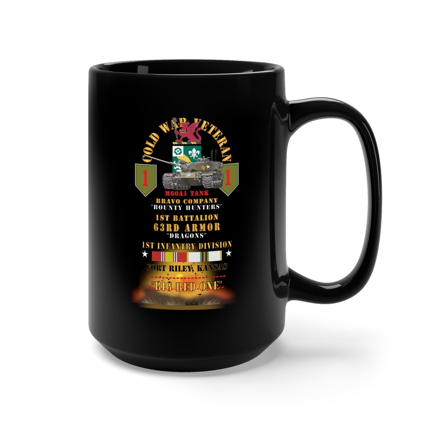 Black Mug 15oz - Cold War Vet - B Co, 1st Bn 63rd Armor - 1st Inf Div - Fort Riley, Kansas - M60A1 Tank - BRO w COLD SVC X 300