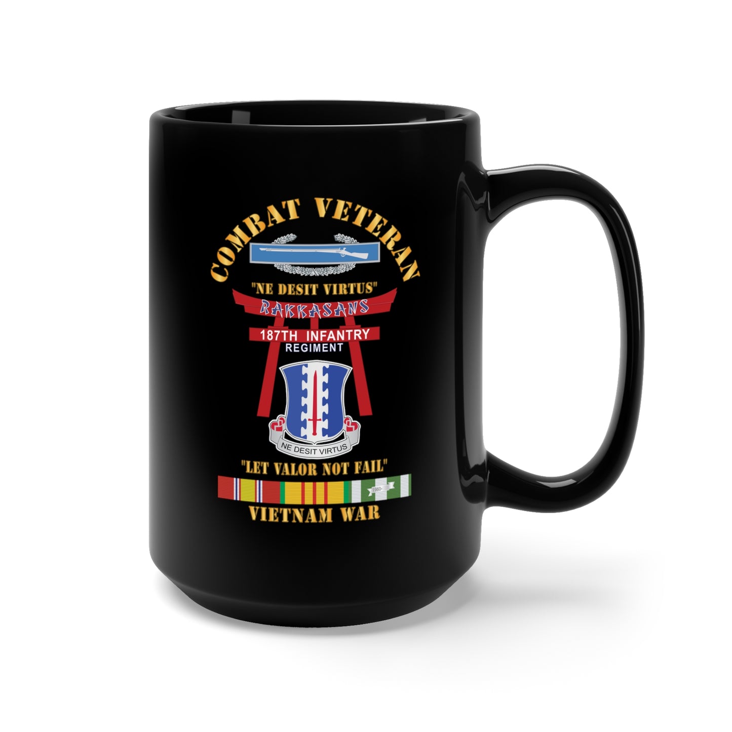 Black Mug 15oz - Army - Combat Veteran - 187th Infantry Regiment - Torii, Rakkasans, Let Valor Not Fail, English, Latin w CIB w WWII PAC SVC X 300