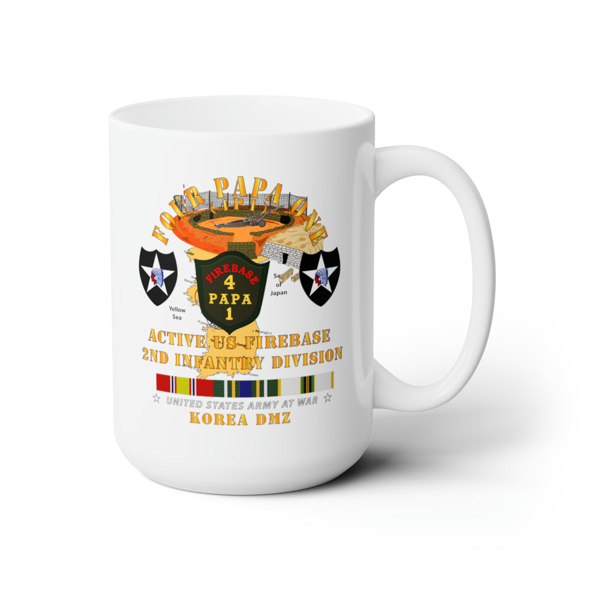 White Ceramic Mug 15oz - Army - 4P1 - Active Firebase - 2nd ID w KOREA SVC