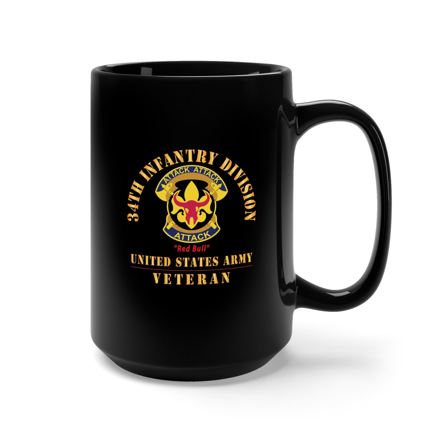 Black Mug 15oz - Army - DUI - 34th Infantry Division - Red Bull - US Army Veteran X 300
