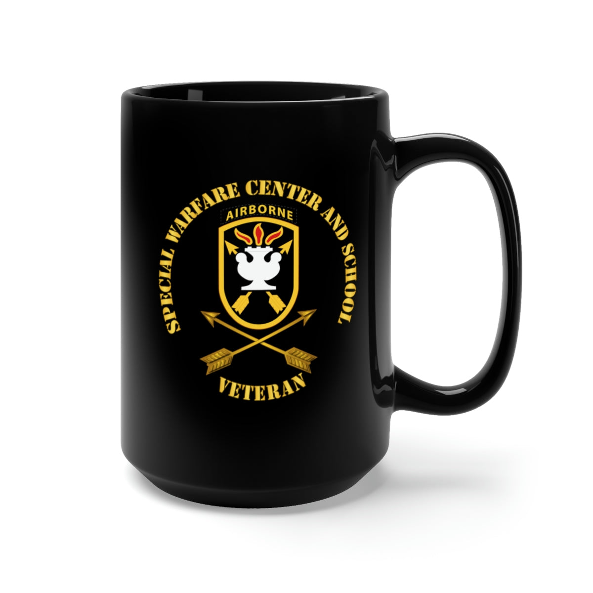 Black Mug 15oz - JFK Special Warfare Center - School SSI w Branch - Veteran wo Backgrnd