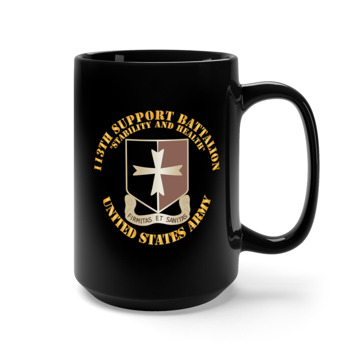 Black Mug 15oz - Army - 113th Support Battalion - Stability and Health X 300
