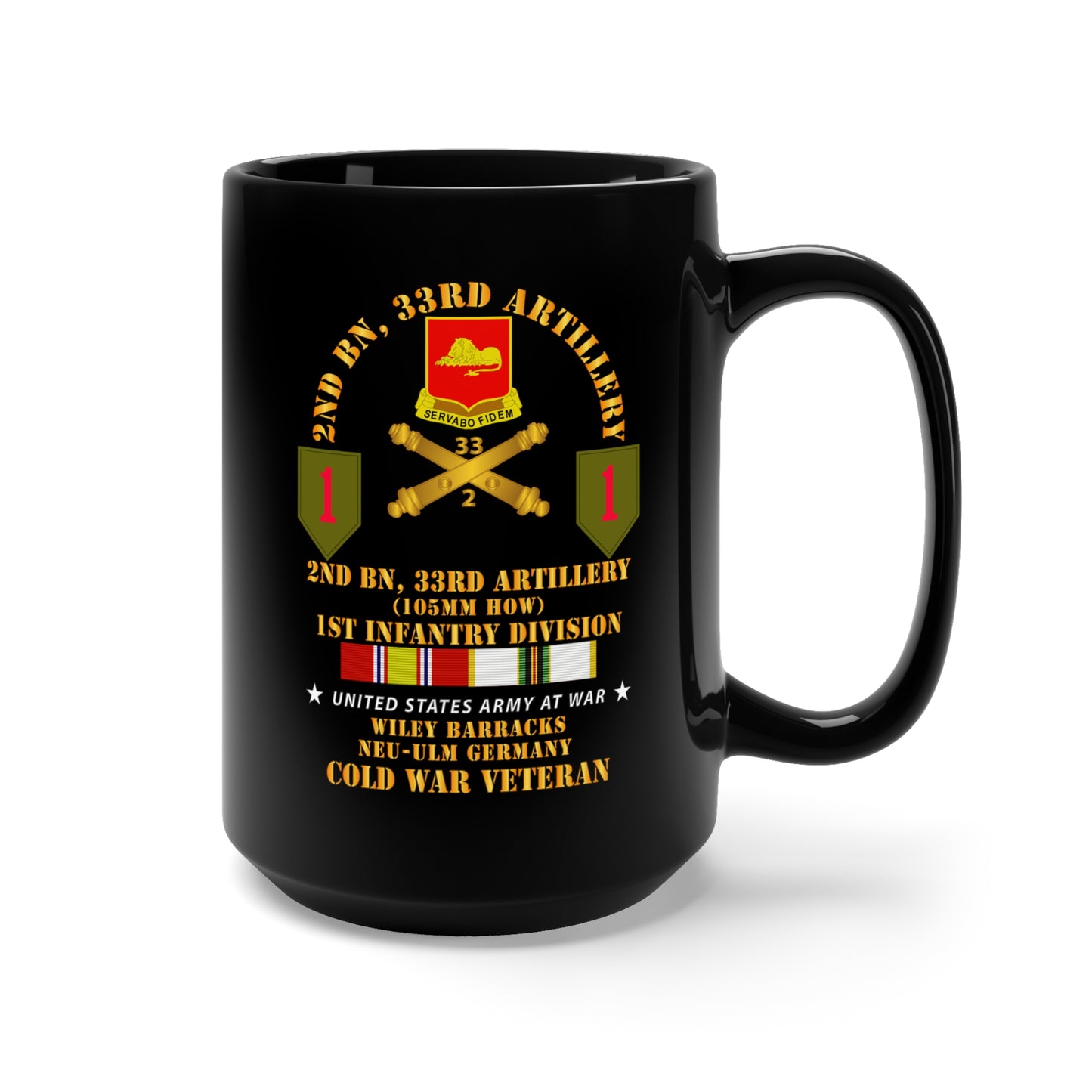 Black Mug 15oz - Army - 2nd Bn 33rd Artillery - 1st Inf Div - Germany w COLD SVC