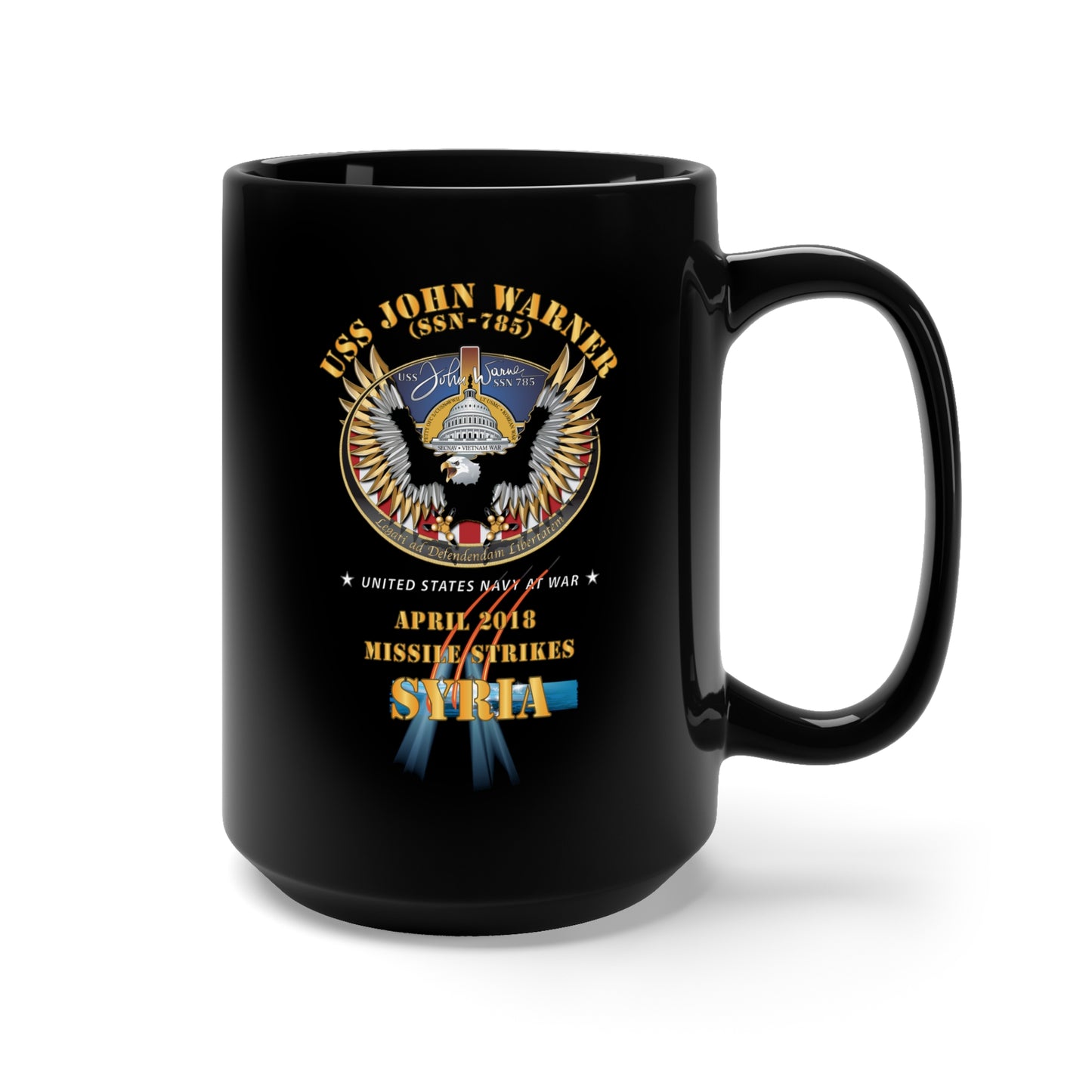 Black Mug 15oz - USS John Warner (SSN 785) - 2018 Missile Strike Syria X 300