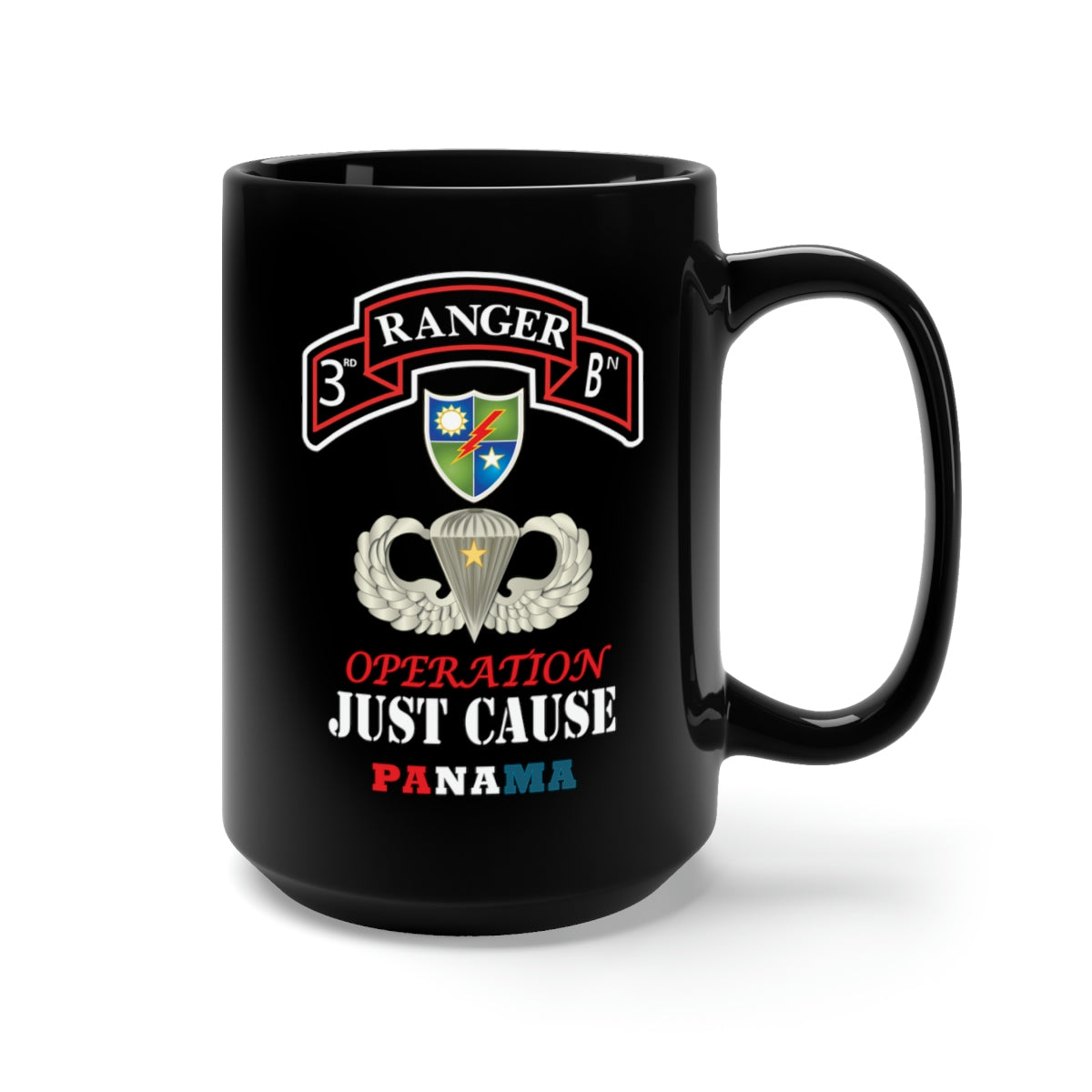 Black Mug 15oz - Army - 3rd Rgr Bn with DUI - Basic Airborne w Combat Jump Star w Opn Just Cause Txt X 300