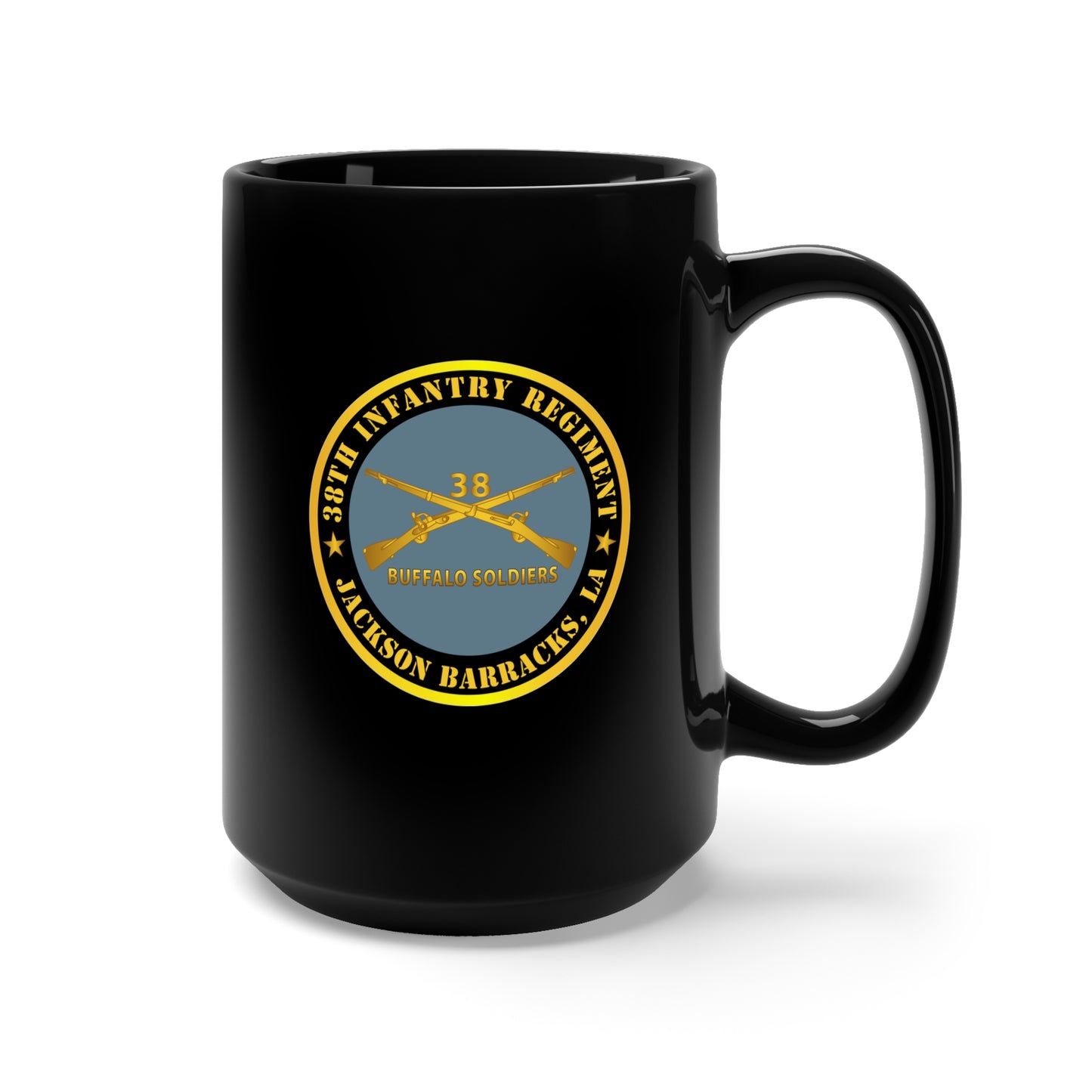 Black Mug 15oz - Army - 38th Infantry Regiment - Buffalo Soldiers - Jackson Barracks, LA w Inf Branch