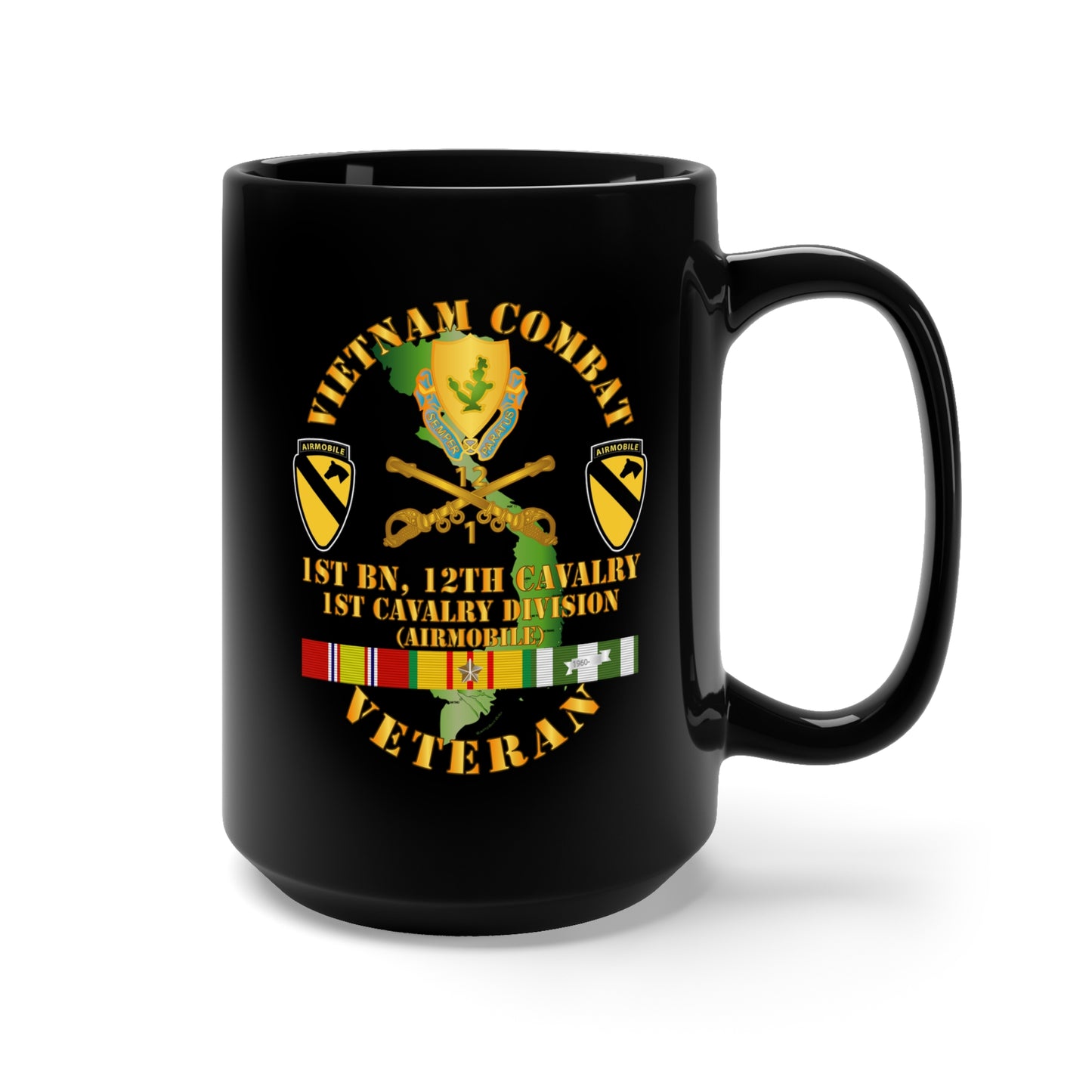 Black Mug 15oz - Army - Vietnam Combat Cavalry Veteran w 1st Bn - 12th Cav COA - 1st Cav Div X 300