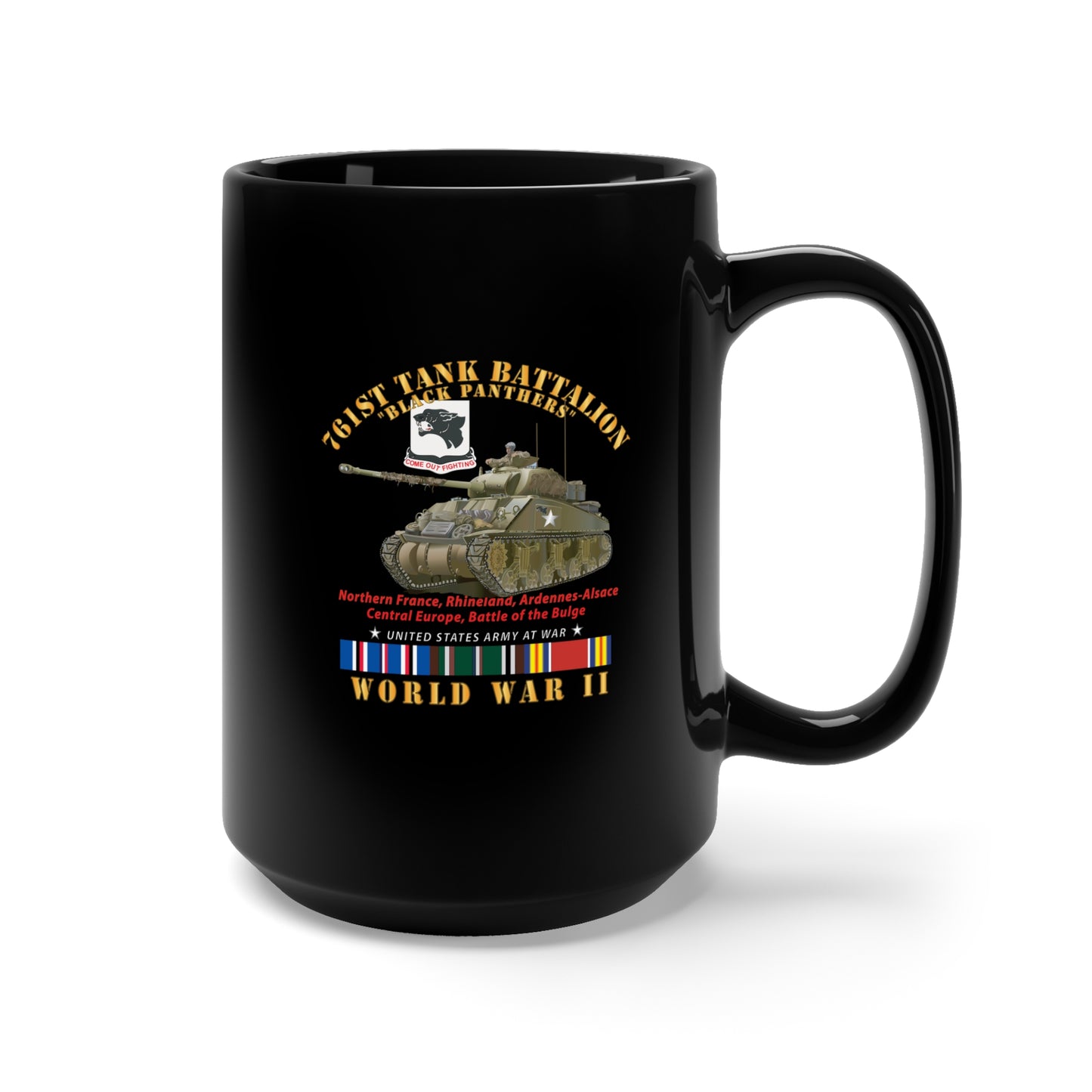 Black Mug 15oz - Army - 761st Tank Battalion - Black Panthers - w Tank WWII EU SVC