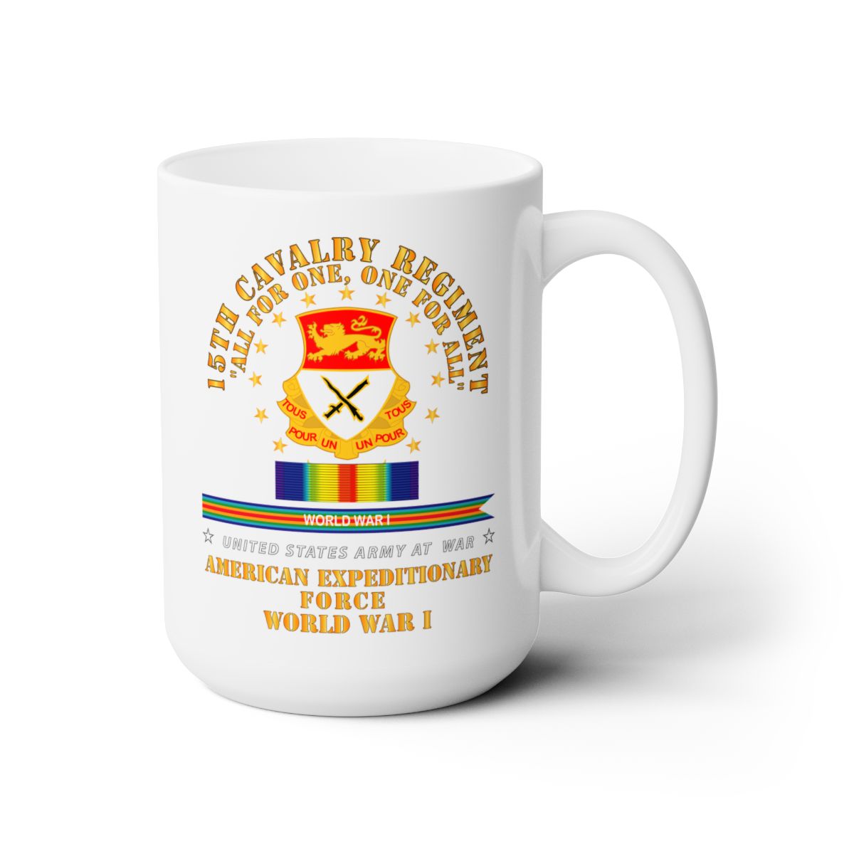 White Ceramic Mug 15oz - Army - 15th Cavalry Regiment - All for One - AEF w SVC WWI