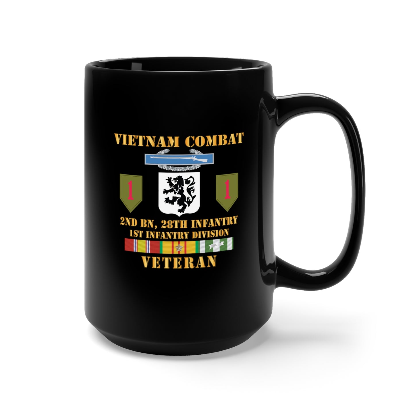 Black Mug 15oz - Vietnam Combat Infantry Veteran w 2nd Bn 28th Inf 1st Inf Div - Hat X 300