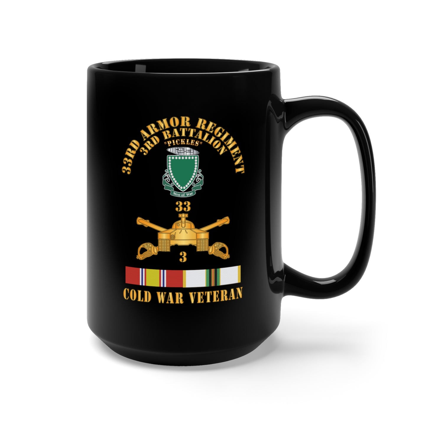 Black Mug 15oz - 3rd Bn 33rd Armor Branch w 33rd Armor DUI - Cold War Veteran - COLD SVC - Hat X 300
