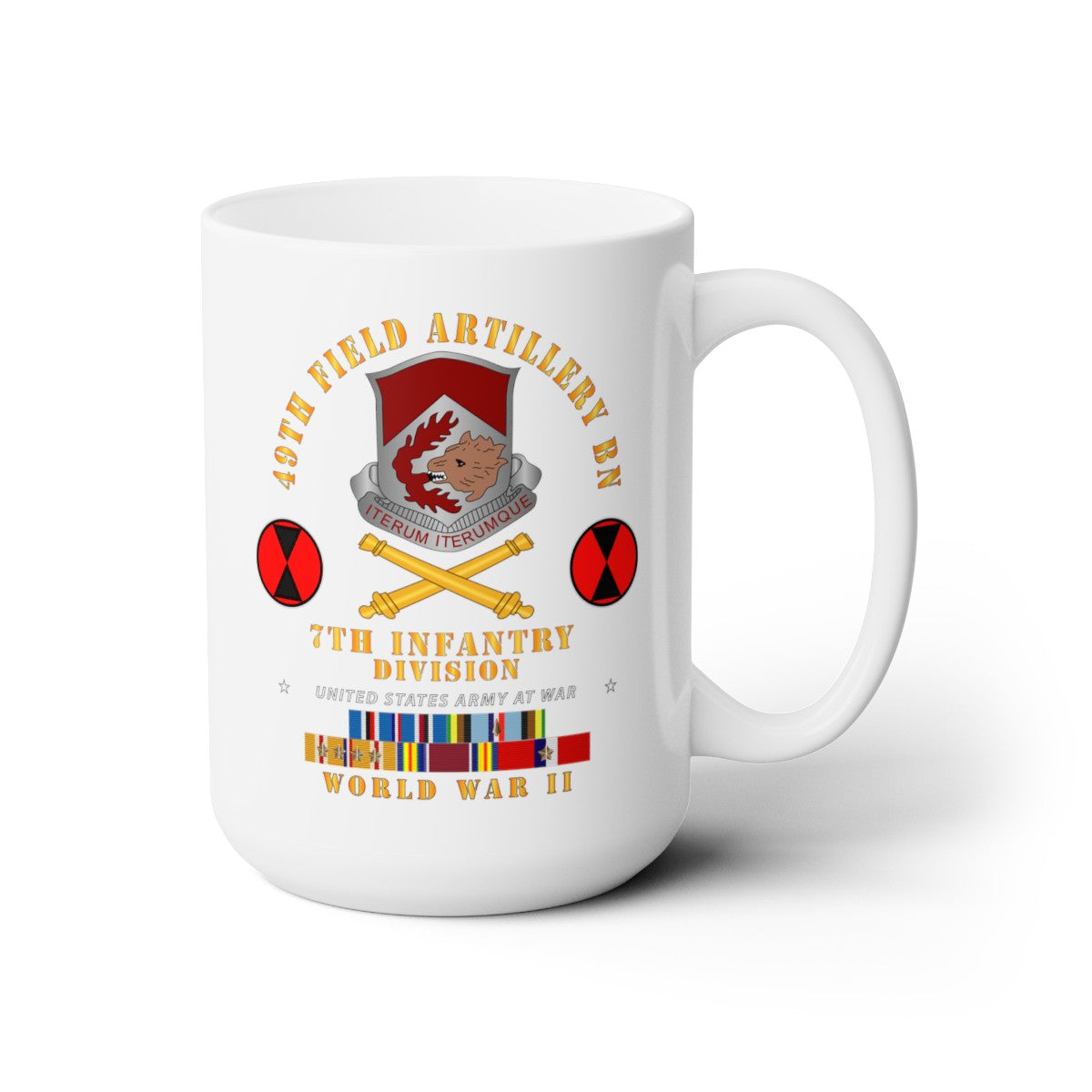White Ceramic Mug 15oz - Army - 49th Field Artillery Bn - 7th Inf Div - WWII w ARR EXP PAC PHIL SVC